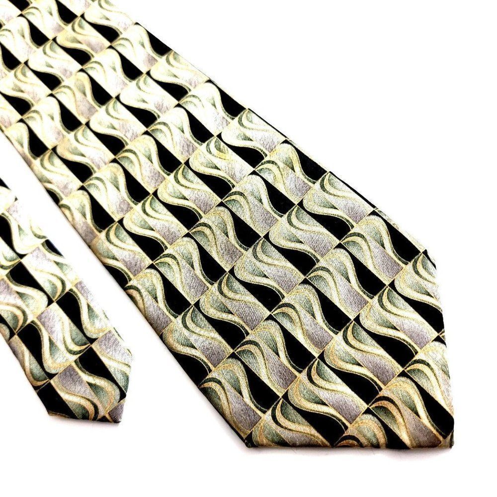 Unbranded Black‎ Tan Green Abstract Print Geometric Wide Silk Tie